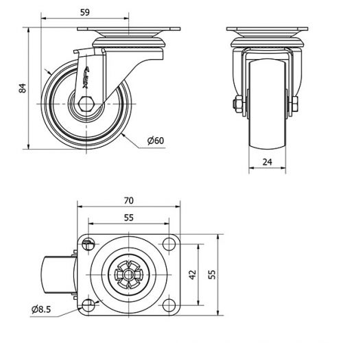 R.GIR.PLACA INOX.10ZI60-BP PLASTICO BLANCO EJE LISO