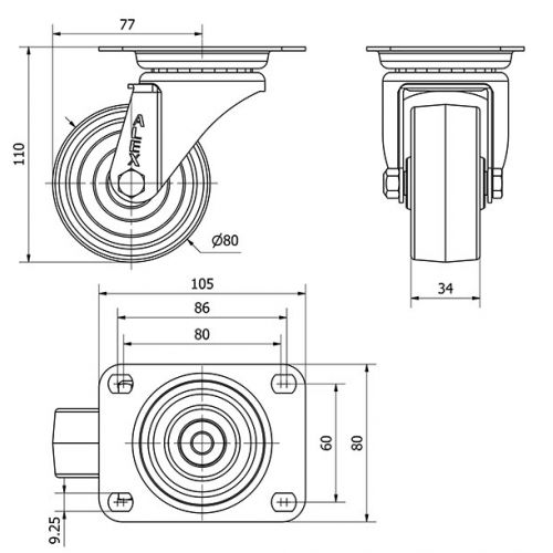 R.GIR.PLACA INOX.10ZVLI80-TT RESINA NEGRA EJE LISO