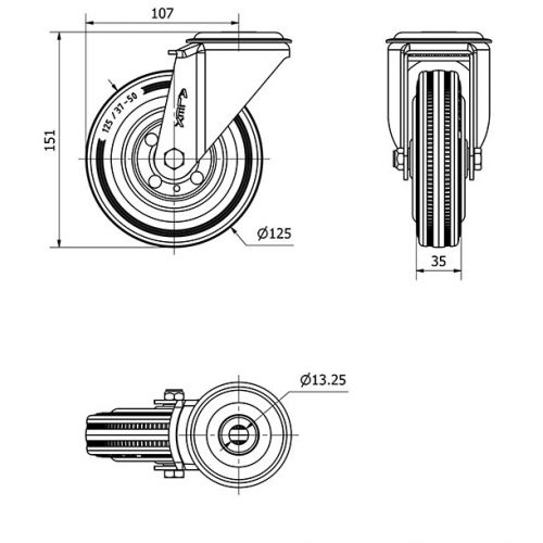 R.GIR.AGUJERO M12 20ZV125-BSR METALICO-GOMA NEGRA EJE RODILLOS