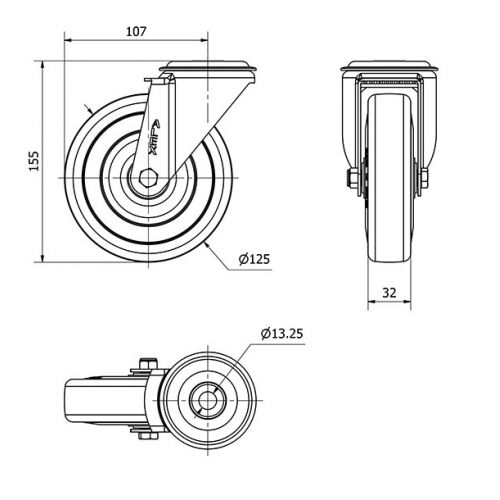 R.GIR.AGUJERO M12 INOX.20ZVI125-PGAN POLIAMIX-GOMA GRIS EJE LISO