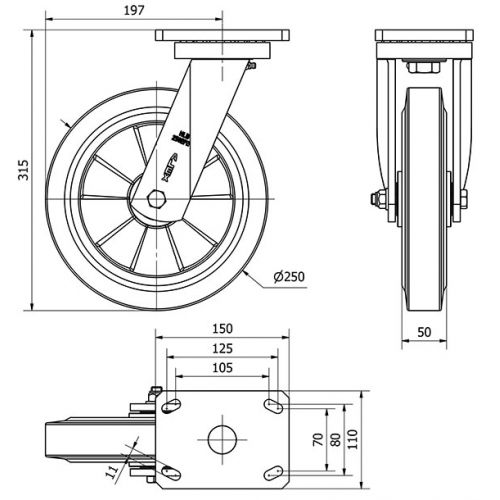 R.GIR.PLACA 10HLB250E-DEB ALUMINIO-GOMA NEGRA ELASTICA EJE BOLAS