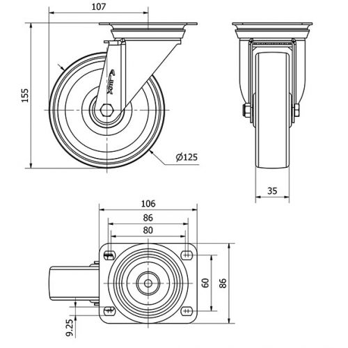 R.GIR.PLACA INOX.10ZVI125-UTR POLIAMIX BLANCO EJE RODILLOS