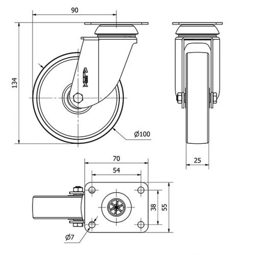 R.GIR.PLACA INOX.10BHI100-SL PLASTICO BLANCO EJE LISO