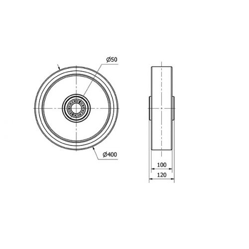 RUEDA HUB400-50-100 NUCLEO HIERRO Y BANDA POLIUR.NARANJA EJE BOLAS