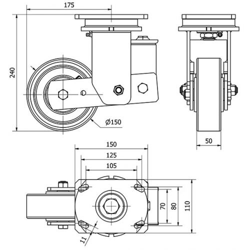 R.GIR.PLACA 10HLSB150-HUB SUSPENSION HIERRO-POLIUR.NARANJA EJE BOLAS