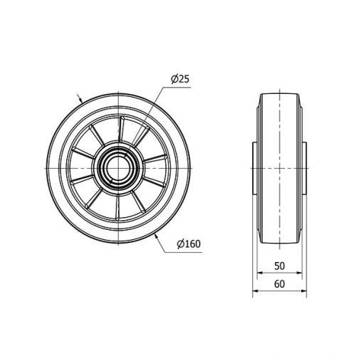 RUEDA DEB160-25-60 NUCLEO ALUMINIO Y BANDA GOMA NEGRA ELASTICA BOLAS