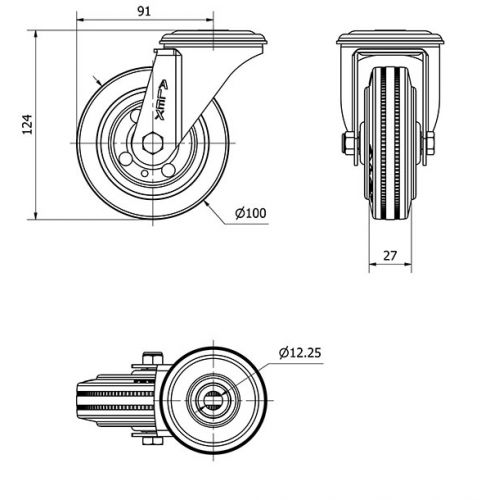 R.GIR.AGUJERO M12 20ZVL100-BSR METALICO-GOMA NEGRA RODILLOS