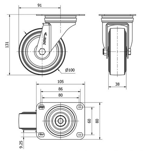 R.GIR.PLACA INOX.10ZVLI100-THG GOMA NEGRA TECNOPOLIMERO EJE LISO
