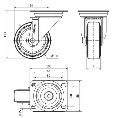 R.GIR.PLACA INOX.10ZVI100-THG GOMA NEGRA TECNOPOLIMERO EJE LISO