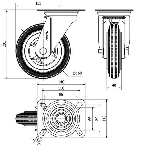R.GIR.PLACA INOX.10ZVI160-PSR POLIAMIX-GOMA NEGRA EJE RODILLOS