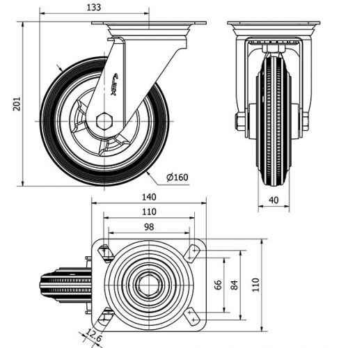 R.GIR.PLACA INOX.10ZVI160-PSR POLIAMIX-GOMA GRIS EJE RODILLOS