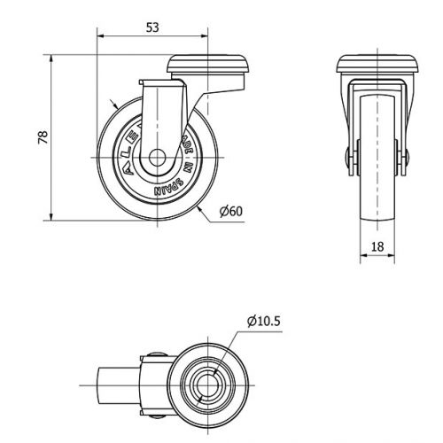 R.GIR.AGUJERO M10 21BR60-BP PLASTICO GRIS EJE LISO