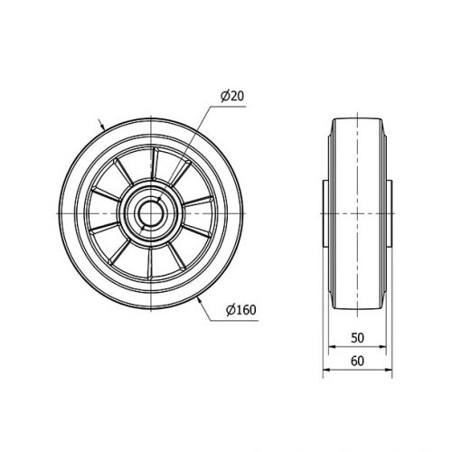 RUEDA DEB160-20-60 NUCLEO ALUMINIO Y BANDA GOMA NEGRA ELASTICA BOLAS
