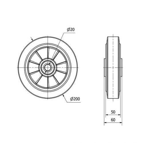 RUEDA DEB200-20-60 NUCLEO ALUMINIO Y BANDA GOMA NEGRA ELASTICA BOLAS