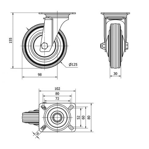 R.GIR.PLACA 120-125-1 CP METALICO-GOMA NEGRA EJE RODILLOS