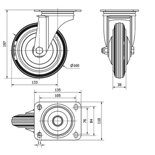 R.GIR.PLACA 120-160-1 CP METALICO-GOMA NEGRA EJE RODILLOS