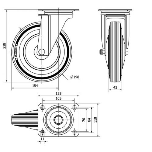 R.GIR.PLACA 120-200-1 CP METALICO-GOMA NEGRA EJE RODILLOS