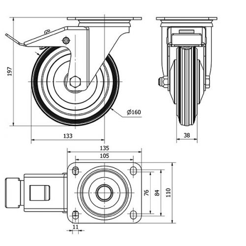 R.GIR.PLACA FRENO 120-160-3 CP METALICO-GOMA NEGRA EJE RODILLOS