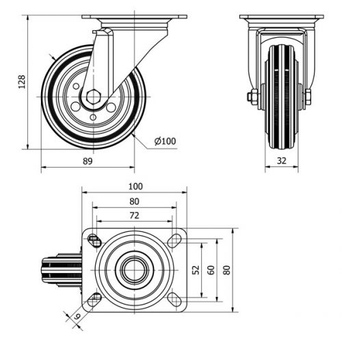R.GIR.PLACA 125-100-1 METALICO-GOMA NEGRA EJE RODILLOS