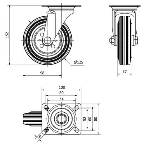 R.GIR.PLACA 125-125-1 METALICO-GOMA NEGRA EJE RODILLOS