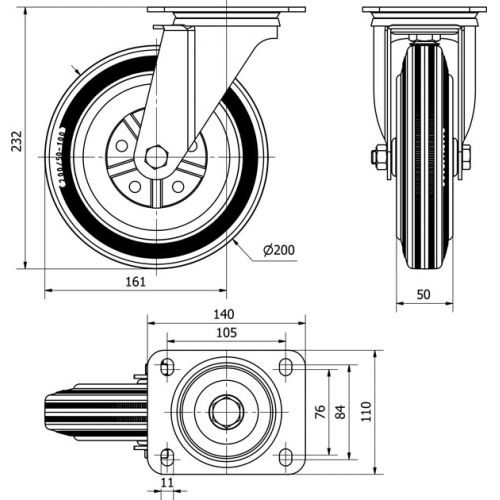 R.GIR.PLACA 125-200-1 METALICO-GOMA NEGRA EJE RODILLOS