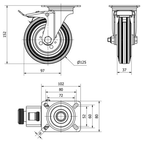 R.GIR.PLACA FRENO 125-125-3 METALICO-GOMA NEGRA EJE RODILLOS