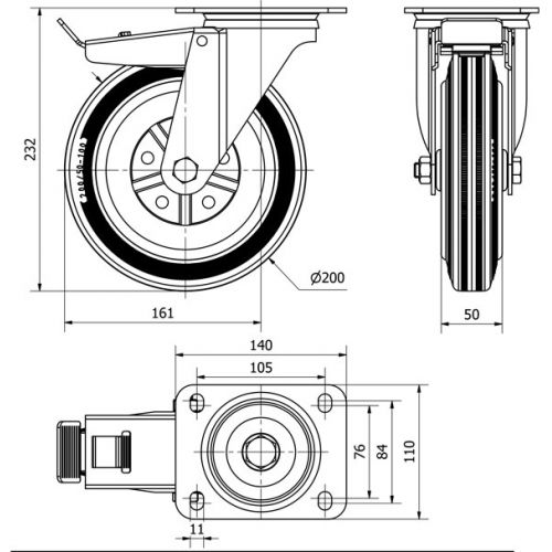 R.GIR.PLACA FRENO 125-200-3 METALICO-GOMA NEGRA EJE RODILLOS