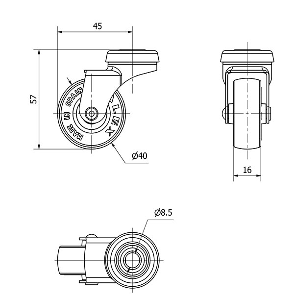 R.GIR.AGUJERO M8 21BSR40-PGI POLIAMIX-GOMA GRIS EJE LISO