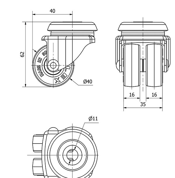 R.GIR.AGUJERO M10 21IBSR40-PGI POLIAMIX-GOMA GRIS (DOBLE) EJE LISO