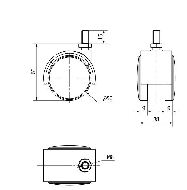 R.GIR.ESPIGA ROSCADA M8x15 50DK50 POLIAMIX NEGRO