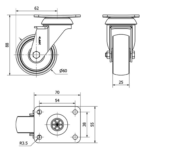 R.GIR.PLACA 10BH60-BP PLASTICO BLANCO EJE LISO