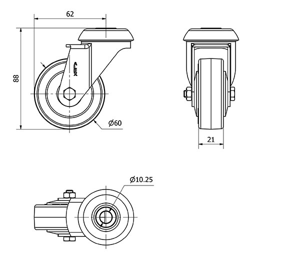 R.GIR.AGUJERO M10 20BH60CP-PGIA POLIAMIX-GOMA GRIS EJE LISO