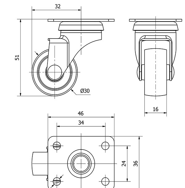 R.GIR.PLACA 10BR30-BP PLASTICO GRIS EJE LISO