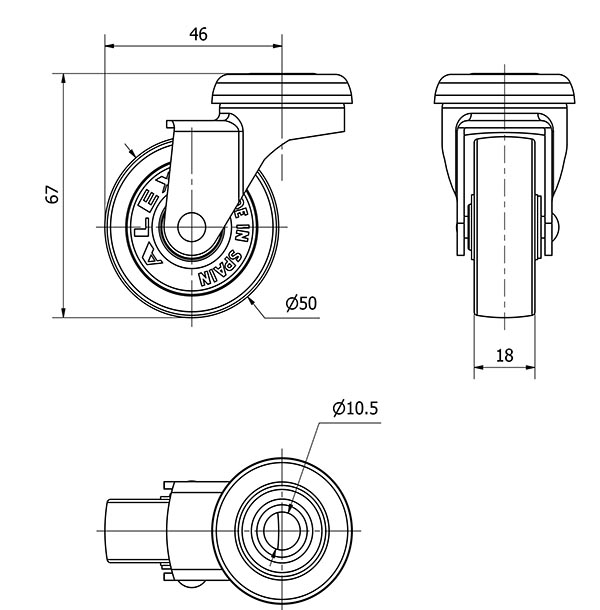 R.GIR.AGUJERO M10 21BR50-BP PLASTICO GRIS EJE LISO