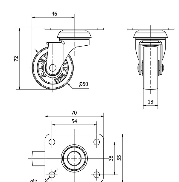 R.GIR.PLACA 10BSR50-BP PLASTICO GRIS EJE LISO