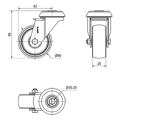 R.GIR.AGUJERO M10 20BH60-BP PLASTICO BLANCO EJE LISO