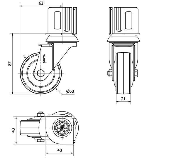 R.GIR.PLETINA ANGULAR 16BH60CP-PGIA POLIAMIX-GOMA GRIS EJE LISO