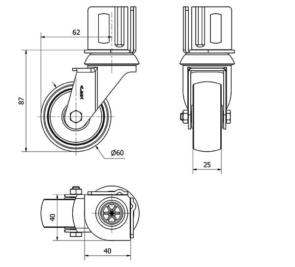 R.GIR.PLETINA ANGULAR 16BH60-BP PLASTICO BLANCO EJE LISO