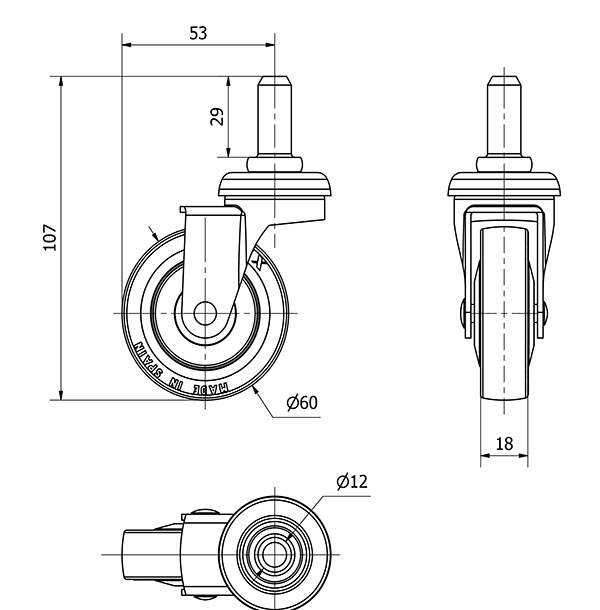 R.GIR.ESPIGA LISA M12x29 33BSR60CP-PGI POLIAMIX-GOMA GRIS EJE LISO