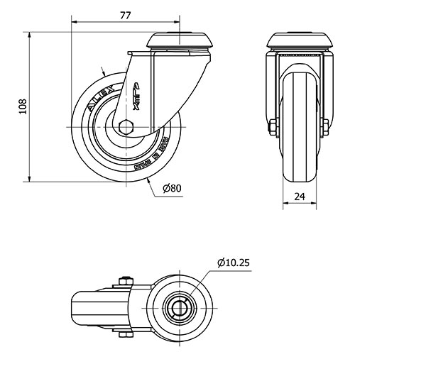 R.GIR.AGUJERO M10 20BH80CP-PGI POLIAMIX-GOMA GRIS EJE LISO
