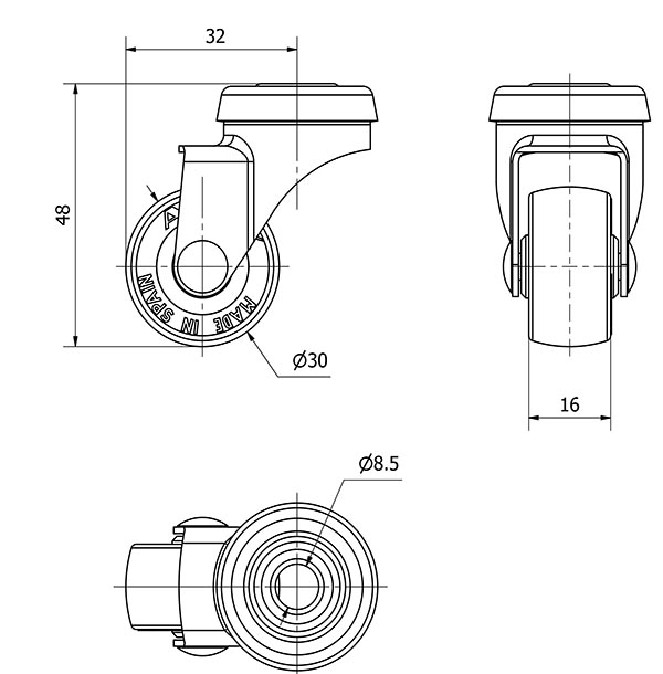 R.GIR.AGUJERO M8 21BSR30-PGI POLIAMIX-GOMA GRIS EJE LISO
