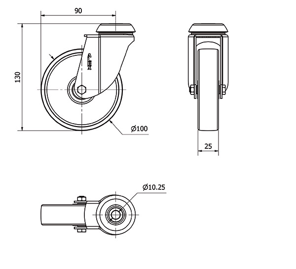 R.GIR.AGUJERO M10 20BH100-SL PLASTICO BLANCO EJE LISO