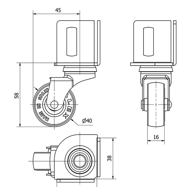 R.GIR.PLETINA ANGULAR 16BSR40-PGI POLIAMIX-GOMA GRIS EJE LISO