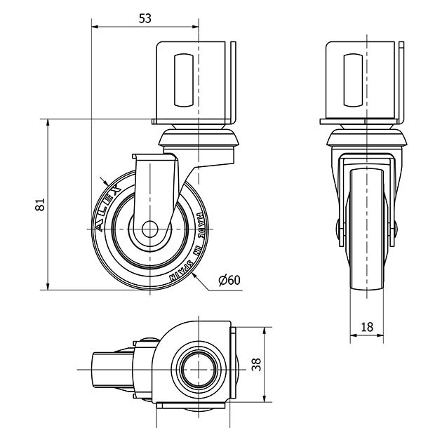 R.GIR.PLETINA ANGULAR 16BSR60CP-PGI POLIAMIX-GOMA GRIS EJE LISO
