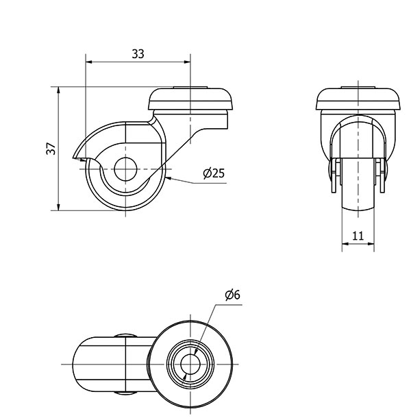 R.GIR.AGUJERO M6 21HSR25-BP PLASTICO GRIS EJE LISO