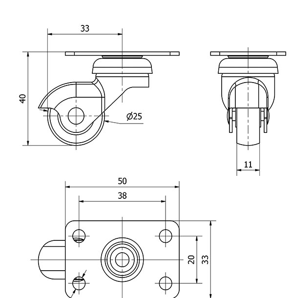 R.GIR.PLACA 10HSR25-BP PLASTICO GRIS EJE LISO