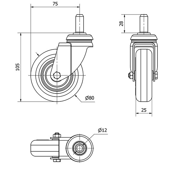 R.GIR.ESPIGA LISA M12x28 33BSR80CP-PGI POLIAMIX-GOMA GRIS EJE LISO