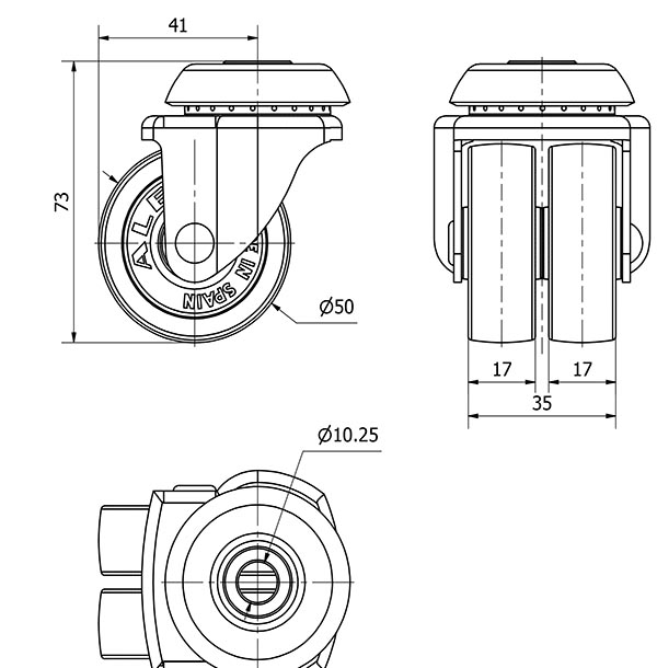 R.GIR.AGUJERO M10 21IBS50-BP PLASTICO GRIS (DOBLE) EJE LISO