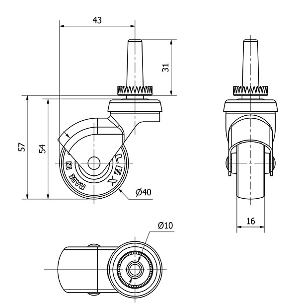 R.GIR.ESP.LISA M10x33 CAPU.P/MAD.40HSR40-PGI POLIAMIX-GOMA GRIS LISO