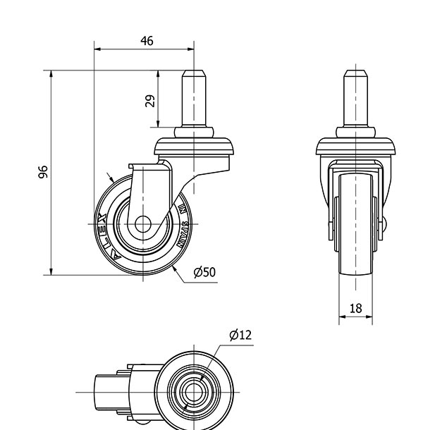 R.GIR.ESPIGA LISA M12x29 33BSR50CP-PGI POLIAMIX-GOMA GRIS EJE LISO